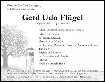 Traueranzeige von Gerd Udo Flügel von Hildesheimer Allgemeine Zeitung