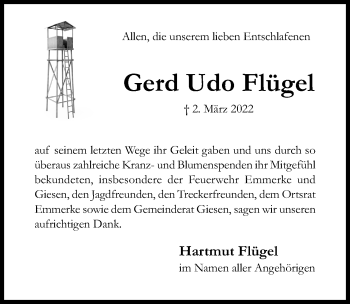 Traueranzeige von Gerd Udo Flügel von Hildesheimer Allgemeine Zeitung