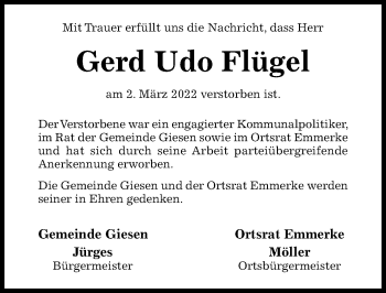 Traueranzeige von Gerd Udo Flügel von Hildesheimer Allgemeine Zeitung