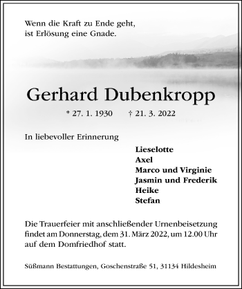 Traueranzeige von Gerhard Dubenkropp von Hildesheimer Allgemeine Zeitung