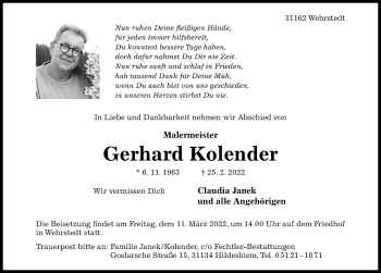 Traueranzeige von Gerhard Kolender von Hildesheimer Allgemeine Zeitung