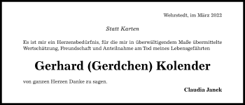 Traueranzeige von Gerhard Kolender von Hildesheimer Allgemeine Zeitung