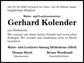 Traueranzeige von Gerhard Kolender von Hildesheimer Allgemeine Zeitung