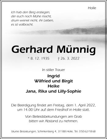 Traueranzeige von Gerhard Münnig von Hildesheimer Allgemeine Zeitung