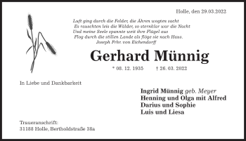 Traueranzeige von Gerhard Münnig von Hildesheimer Allgemeine Zeitung