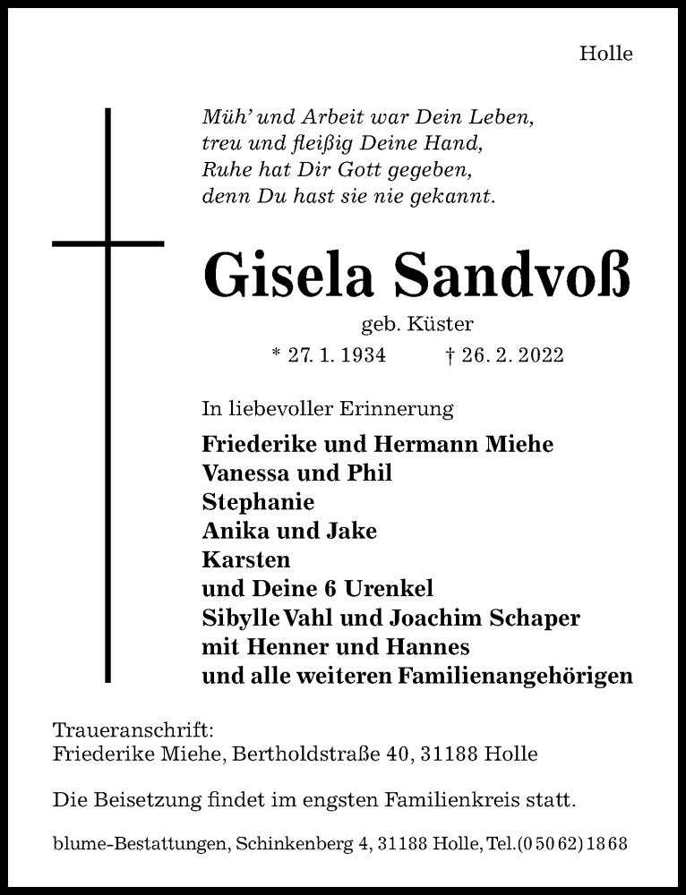  Traueranzeige für Gisela Sandvoß vom 02.03.2022 aus Hildesheimer Allgemeine Zeitung