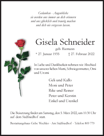 Traueranzeige von Gisela Schneider von Hildesheimer Allgemeine Zeitung