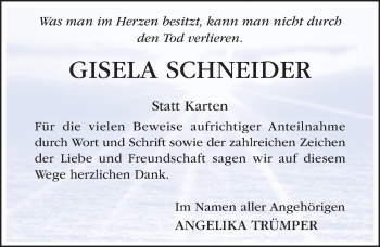 Traueranzeige von Gisela Schneider von Hildesheimer Allgemeine Zeitung