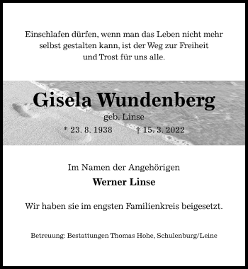 Traueranzeige von Gisela Wundenberg von Hildesheimer Allgemeine Zeitung