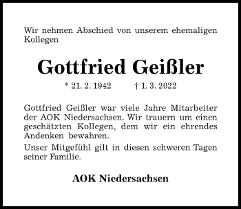 Traueranzeige von Gottfried Geißler von Hildesheimer Allgemeine Zeitung