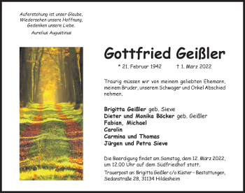 Traueranzeige von Gottfried Geißler von Hildesheimer Allgemeine Zeitung