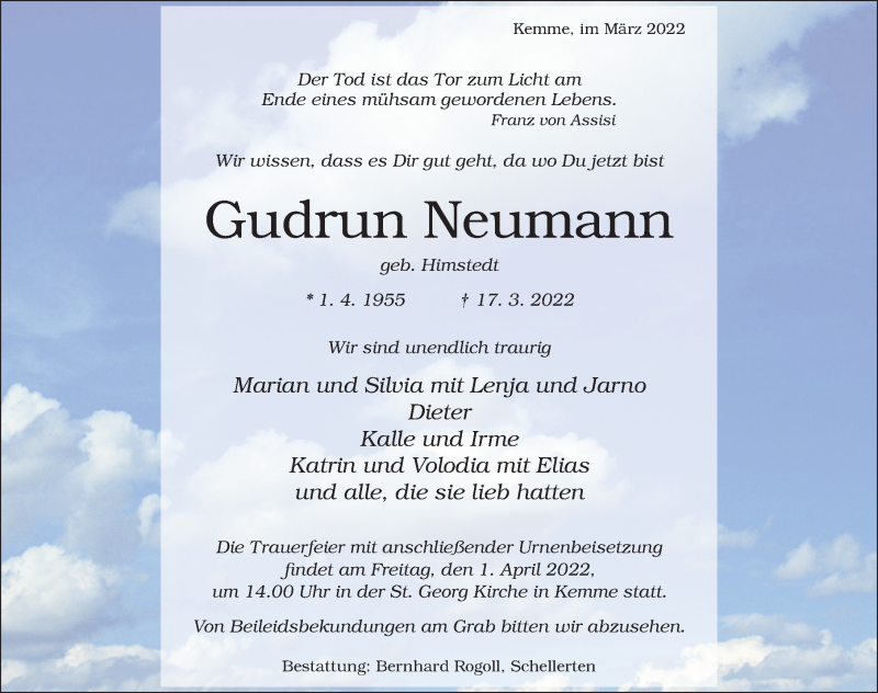  Traueranzeige für Gudrun Neumann vom 24.03.2022 aus Hildesheimer Allgemeine Zeitung