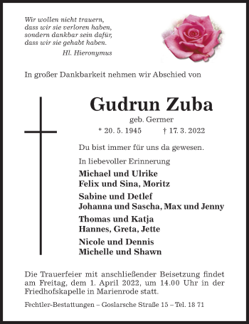 Traueranzeige von Gudrun Zuba von Hildesheimer Allgemeine Zeitung