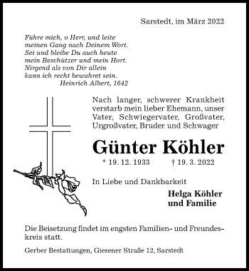 Traueranzeige von Günter Köhler von Hildesheimer Allgemeine Zeitung