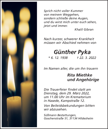 Traueranzeige von Günther Pyka von Hildesheimer Allgemeine Zeitung