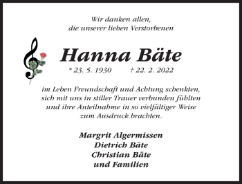 Traueranzeige von Hanna Bäte von Hildesheimer Allgemeine Zeitung