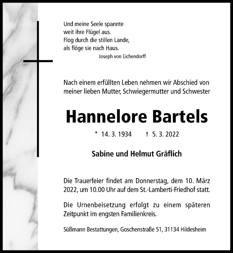  Traueranzeige für Hannelore Bartels vom 08.03.2022 aus Hildesheimer Allgemeine Zeitung