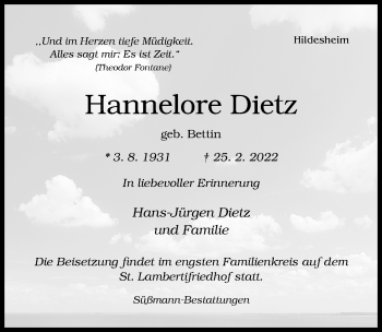 Traueranzeige von Hannelore Dietz von Hildesheimer Allgemeine Zeitung