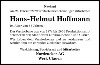 Traueranzeige von Hans-Helmut Hoffmann von Hildesheimer Allgemeine Zeitung