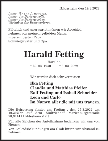 Traueranzeige von Harald Fetting von Hildesheimer Allgemeine Zeitung
