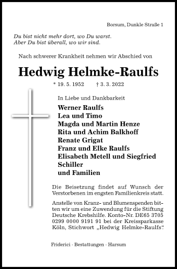 Traueranzeige von Hedwig Helmke-Raulfs von Hildesheimer Allgemeine Zeitung