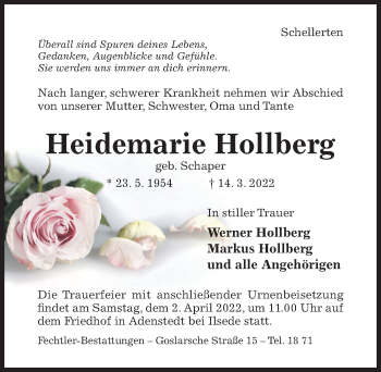 Traueranzeige von Heidemarie Hollberg von Hildesheimer Allgemeine Zeitung