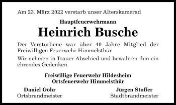Traueranzeige von Heinrich Busche von Hildesheimer Allgemeine Zeitung