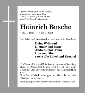 Traueranzeige von Heinrich Busche von Hildesheimer Allgemeine Zeitung