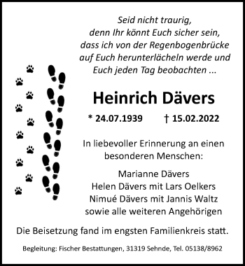 Traueranzeige von Heinrich Dävers von Hildesheimer Allgemeine Zeitung