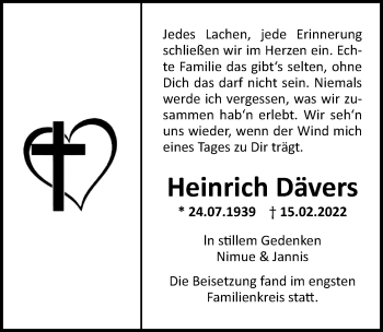 Traueranzeige von Heinrich Dävers von Hildesheimer Allgemeine Zeitung