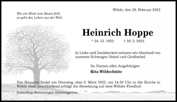 Traueranzeige von Heinrich Hoppe von Hildesheimer Allgemeine Zeitung