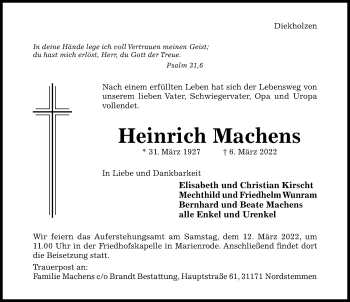 Traueranzeige von Heinrich Machens von Hildesheimer Allgemeine Zeitung