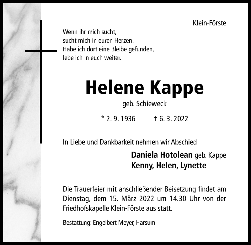  Traueranzeige für Helene Kappe vom 14.03.2022 aus Hildesheimer Allgemeine Zeitung