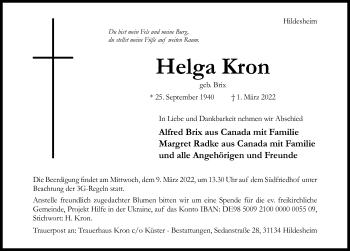 Traueranzeige von Helga Kron von Hildesheimer Allgemeine Zeitung