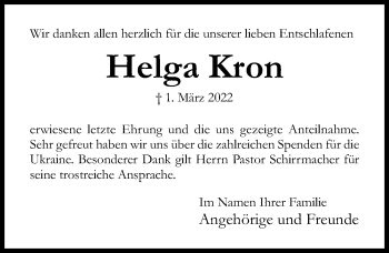 Traueranzeige von Helga Kron von Hildesheimer Allgemeine Zeitung