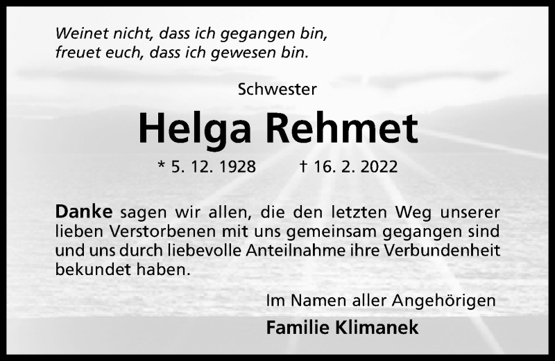  Traueranzeige für Helga Rehmet vom 23.03.2022 aus Hildesheimer Allgemeine Zeitung