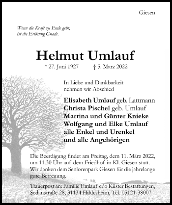 Traueranzeige von Helmut Umlauf von Hildesheimer Allgemeine Zeitung