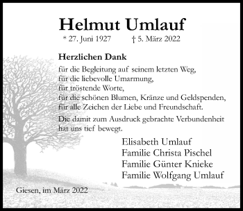 Traueranzeige von Helmut Umlauf von Hildesheimer Allgemeine Zeitung