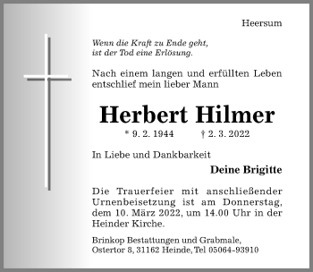 Traueranzeige von Herbert Hilmer von Hildesheimer Allgemeine Zeitung