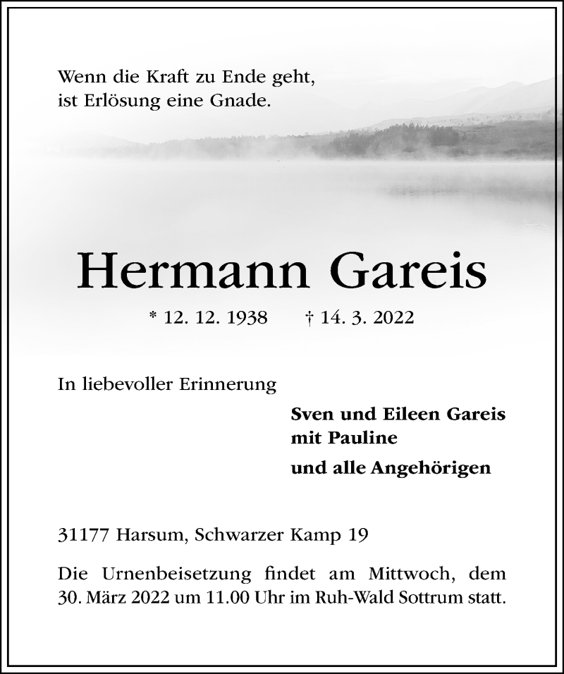  Traueranzeige für Hermann Gareis vom 24.03.2022 aus Hildesheimer Allgemeine Zeitung