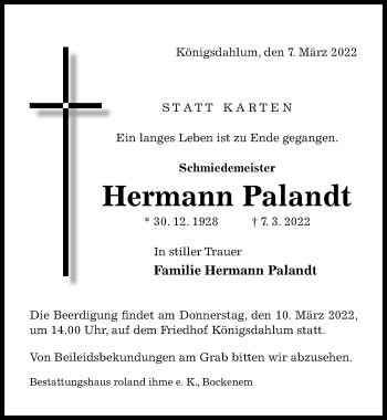 Traueranzeige von Hermann Palandt von Hildesheimer Allgemeine Zeitung