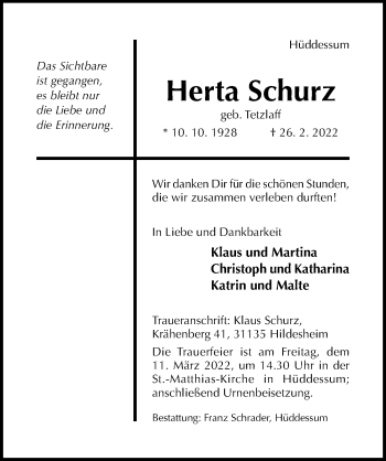 Traueranzeige von Herta Schurz von Hildesheimer Allgemeine Zeitung