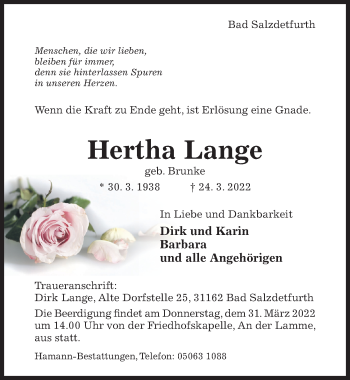 Traueranzeige von Hertha Lange von Hildesheimer Allgemeine Zeitung