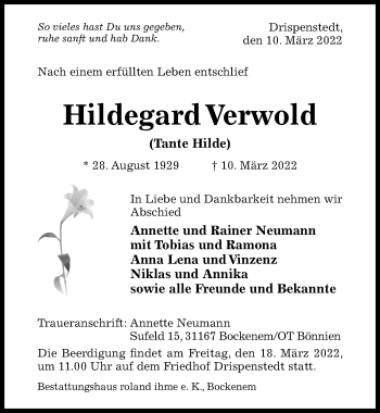 Traueranzeige von Hildegard Verwold von Hildesheimer Allgemeine Zeitung