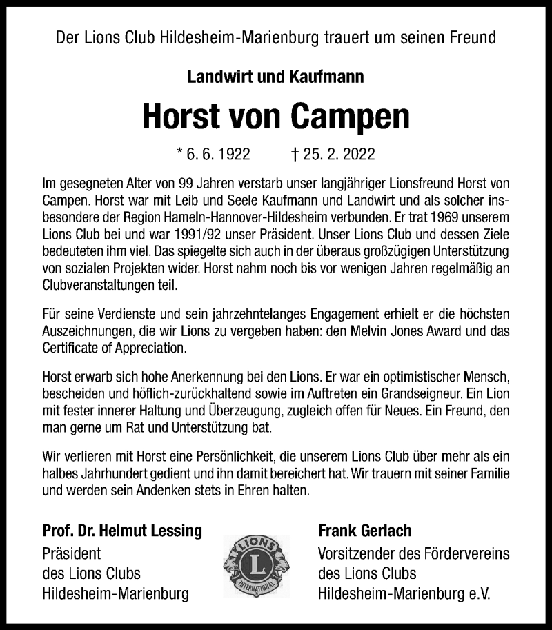  Traueranzeige für Horst von Campen vom 05.03.2022 aus Hildesheimer Allgemeine Zeitung