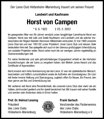 Traueranzeige von Horst von Campen von Hildesheimer Allgemeine Zeitung