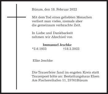 Traueranzeige von Immanuel Jeschke von Hildesheimer Allgemeine Zeitung