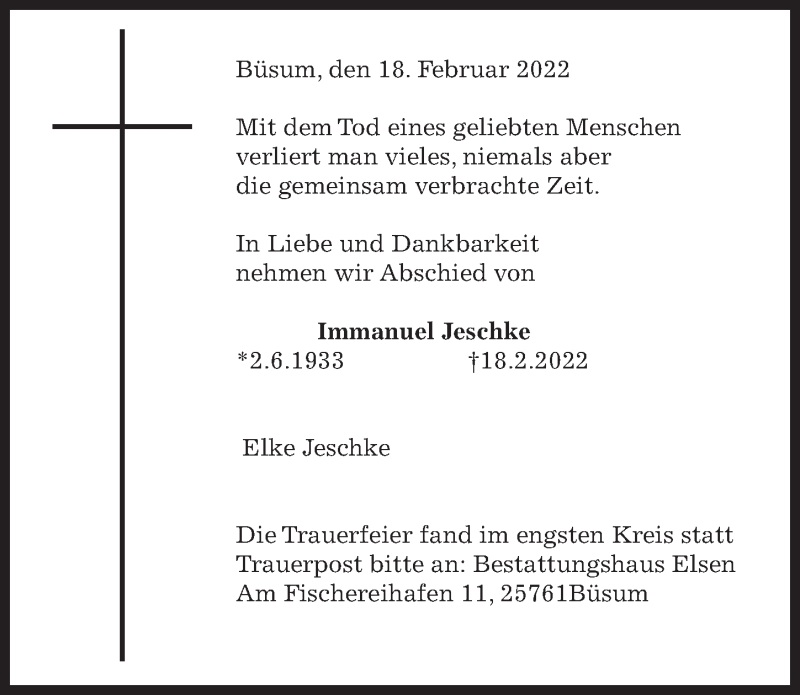  Traueranzeige für Immanuel Jeschke vom 02.03.2022 aus Hildesheimer Allgemeine Zeitung