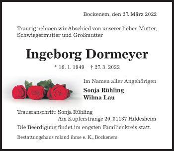 Traueranzeige von Ingeborg Dormeyer von Hildesheimer Allgemeine Zeitung