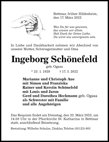 Traueranzeige von Ingeborg Schönefeld von Hildesheimer Allgemeine Zeitung